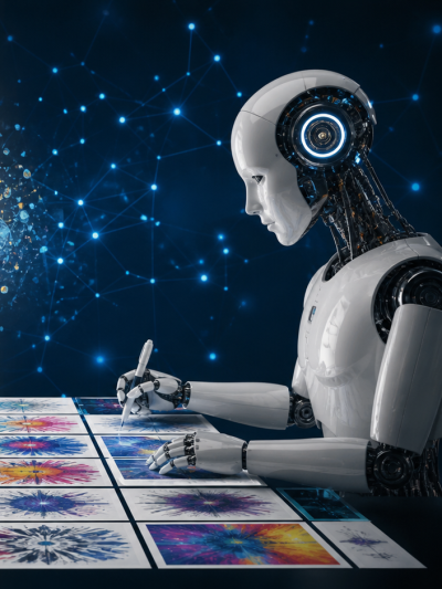 KI generiertes Bild eines Menschen und eines Roboters, die am Tisch sitzen und zeichnen.