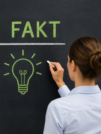 Auf einer Tafel steht Mythos und Fakt geschrieben. Vor der Tafel steht eine Lehrerin mit Kreide in der Hand.
