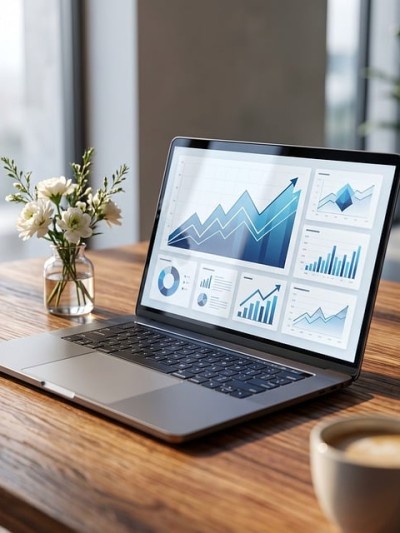 Ein Laptop auf einem Holztisch, der Bildschirm zeigt Grafiken zu Statistiken.