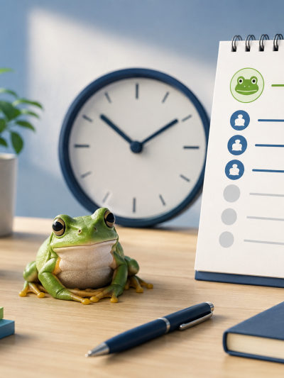 Ein Frosch sitzt auf einem Schreibtisch, welcher mit Büromaterial bedeckt ist.