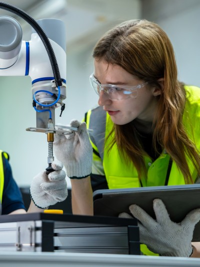 Auszubildende arbeiten an einem Roboterarm