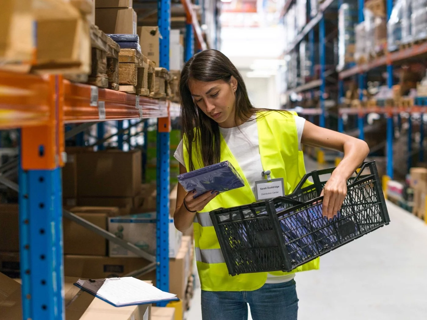 Eine Fachkraft für Lagerlogistik holt die bestellten Güter aus dem Lager.