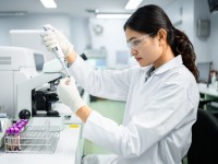 Eine medizinische Technologin in einem Laborkittel hält ein Reagenzglas mit einer Blutprobe zur Analyse im Labor.