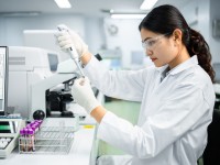 Eine medizinische Technologin für Laboratoriumsanalytik analysiert im Labor eine Blutprobe.