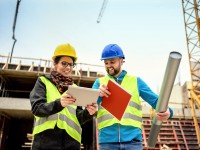 Ein bautechnischer Assistent hilft der Bauleiterin bei der Überwachung des Neubauprojekts. Das Team befindet sich auf der Baustelle und trägt entsprechende Sicherheitskleidung.