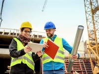 Ein bautechnischer Assistent hilft der Bauleiterin bei der Überwachung des Neubauprojekts.
