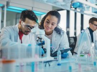 Eine biologisch-technische Assistentin unterstützt einen Naturwissenschaftler beim Mikroskopieren und Dokumentieren der Ergebnisse.