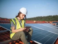 Eine technische Assistentin für regenerative Energietechnik sitzt  in Sicherheitsausrüstung mit einem Tablet in der Hand auf dem Dach neben den PV-Panelen.