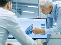 Ein Assistent für Maschinenbautechnik und ein Ingenieur betrachten die Detailkonstruktion einer Maschine am Computer.