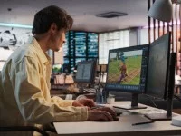 Ein Assistent für Medientechniksitzt in seinem Büro und arbeitet am Computer an dem neuen Computerspiel.