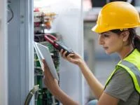 Eine Elektronikerin für Gebäudesystemintegration überprüft Leiterplatten.