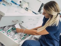 Eine medizinische Dokumentationsassistentin sucht eine Krankenakte aus dem Schrank heraus. 