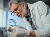 Ein grauhaariger präparationstechnischer Assistent begutachtet mit einer Lupe einen Knochen. Dabei trägt er Handschuhe und einen Kittel.