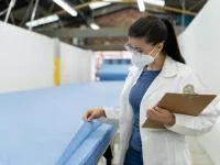 Eine Produktprüferin - Textil begutachtet die Qualität eines SMS-Vliesstoffes für Medizinprodukte.