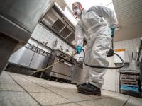 Ein Schädlingsbekämpfer versprüht in einer Küche Chemikalien zur Schabenbekämpfung.