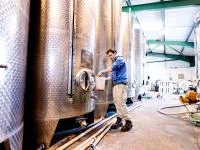 Ein Weintechnologe nimmt eine Weinprobe aus einem Edelstahl-Gärtank zur Qualitätskontrolle.
